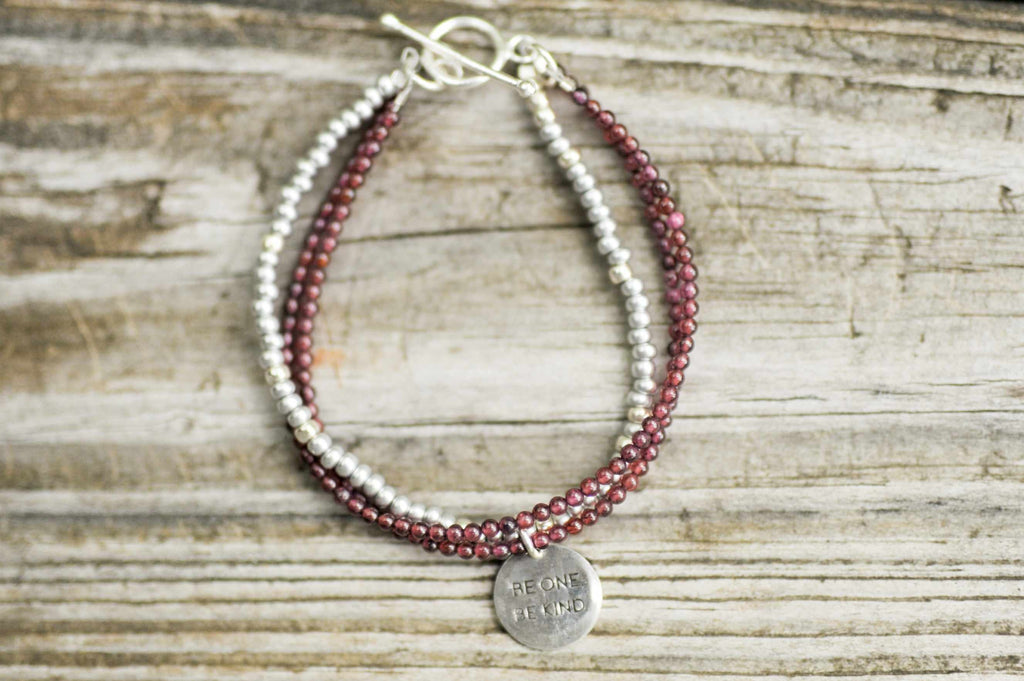 BE ONE. BE KIND. RHODONITE TWO STRAND WITH SILVER GLASS BEADS
