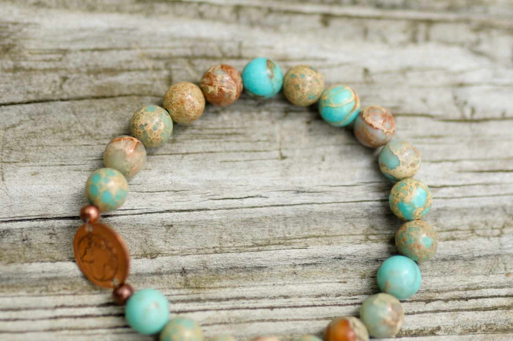 BE ONE. BE KIND. TURQUOISE SEA SEDIMENT JASPER AND AFRICAN TURQUOISE BRACELET