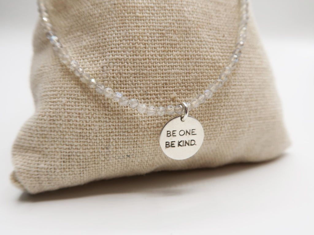 BE ONE. BE KIND. STERLING SILVER CHARM WHITE GEM BEADED NECKLACE